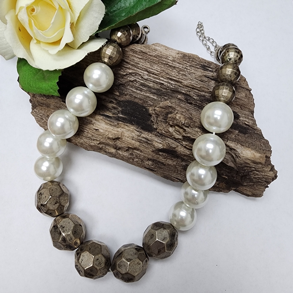 Vintage Boho Faux Pearl and Metallic Beaded Collar Statement Necklace